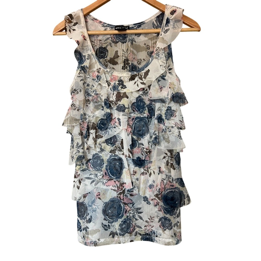 Vintage Wetseal 90s Y2K Fairy Tank Top Floral Ruffles Mesh Romantic Size S